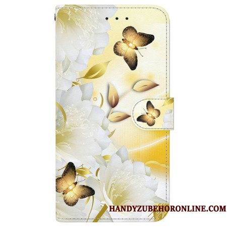 Folio-hoesje Sony Xperia 10 Vii Telefoonhoesje Gouden Vlinders En Witte Bloemen