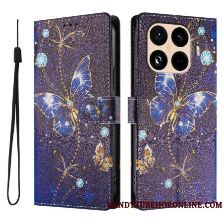 Folio-hoesje Xiaomi 15t Pro Telefoonhoesje Gouden En Blauwe Vlinders
