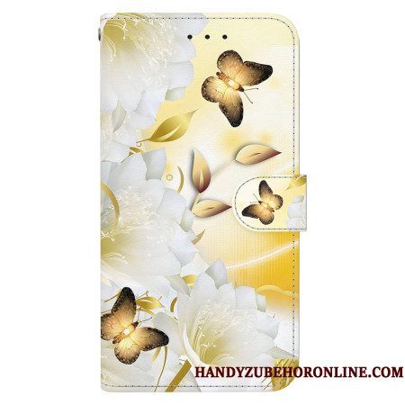 Folio-hoesje Xiaomi Redmi Note 14 5g Telefoonhoesje Gouden Vlinders En Witte Bloemen