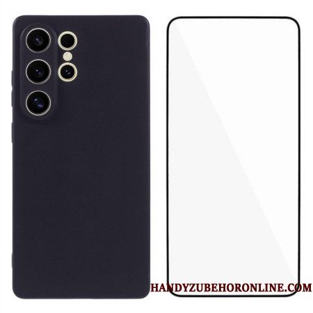 Hoesje Samsung Galaxy S25 Ultra 5g Mat Siliconen Scherm Met Gehard Glazen Scherm Beschermer