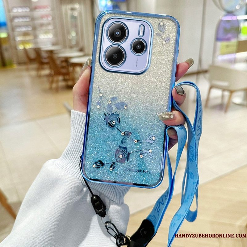 Hoesje Voor Xiaomi Redmi Note 14 4g Strass-steentjes En Bloemen Met Koord