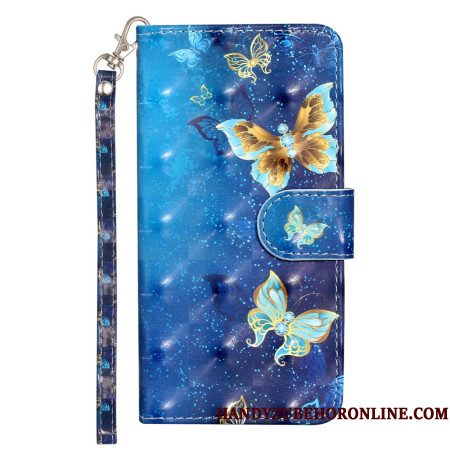 Leren Hoesje Samsung Galaxy S25 Fe Blauw-gouden Vlinders Met Koord