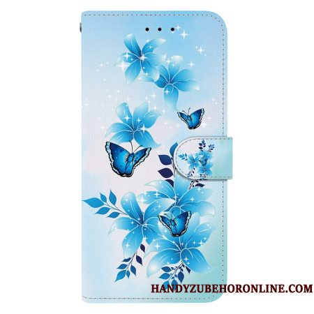 Leren Hoesje Sony Xperia 10 Vii Blauwe Vlinders En Bloemen Bescherming Hoesje