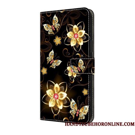 Leren Hoesje Voor Samsung Galaxy S25 Fe Gouden Bloemen En Vlinders