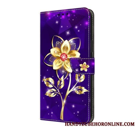 Leren Hoesje Voor Samsung Galaxy S25 Fe Gouden Bloemen Op Een Paarse Achtergrond