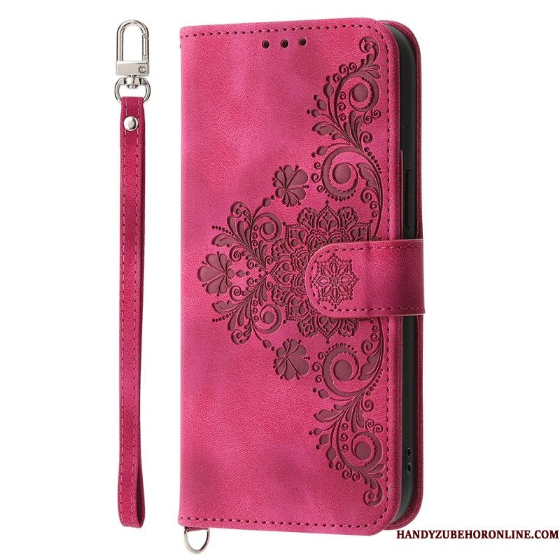 Leren Hoesje Voor Samsung Galaxy S25 Fe Kantprint Met Bandje En Schouderband