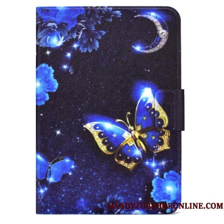 Leren Hoesje Voor Samsung Galaxy Tab S11 Blauw-gouden Vlinder