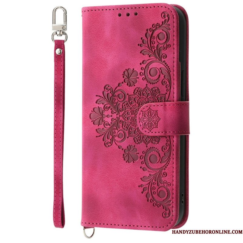 Leren Hoesje Voor Xiaomi 15 Pro Suède-effect Bloemenpatroon Met Bandje En Schouderriem