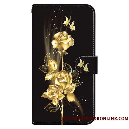 Leren Hoesje Voor Xiaomi Redmi Note 14 5g Gouden Vlinders En Roos