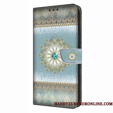 Leren Hoesje Xiaomi Redmi Note 14 4g Bloem En Blauwe Diamant Bescherming Hoesje